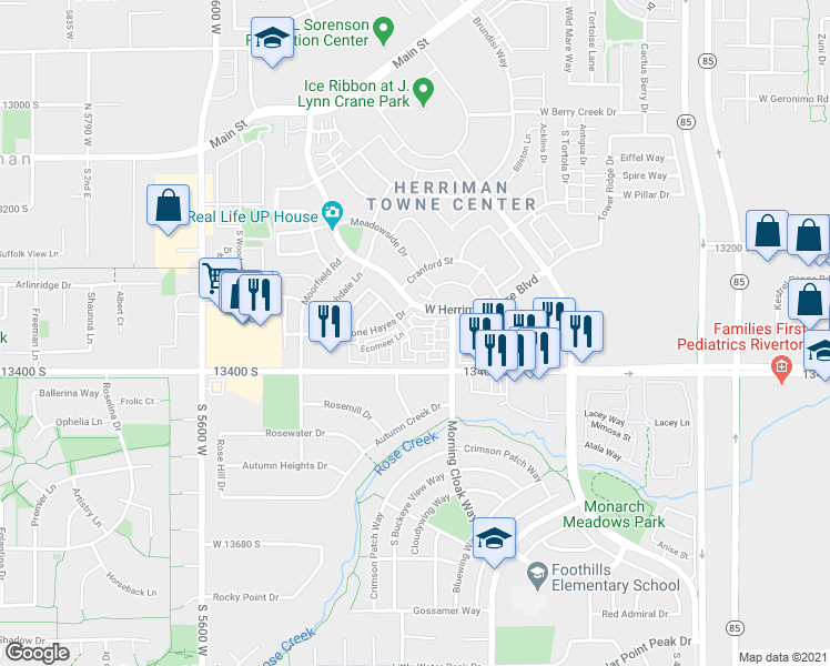 map of restaurants, bars, coffee shops, grocery stores, and more near 13359 Terra Brook Lane in Herriman