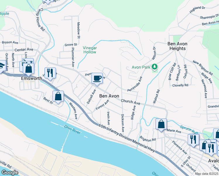 map of restaurants, bars, coffee shops, grocery stores, and more near 311 Breading Avenue in Pittsburgh