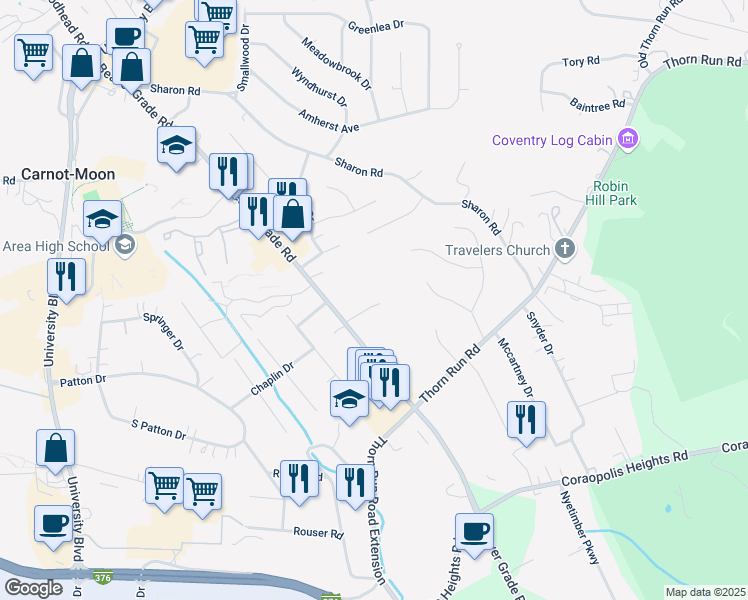 map of restaurants, bars, coffee shops, grocery stores, and more near 3048 Sanlin Drive in Coraopolis