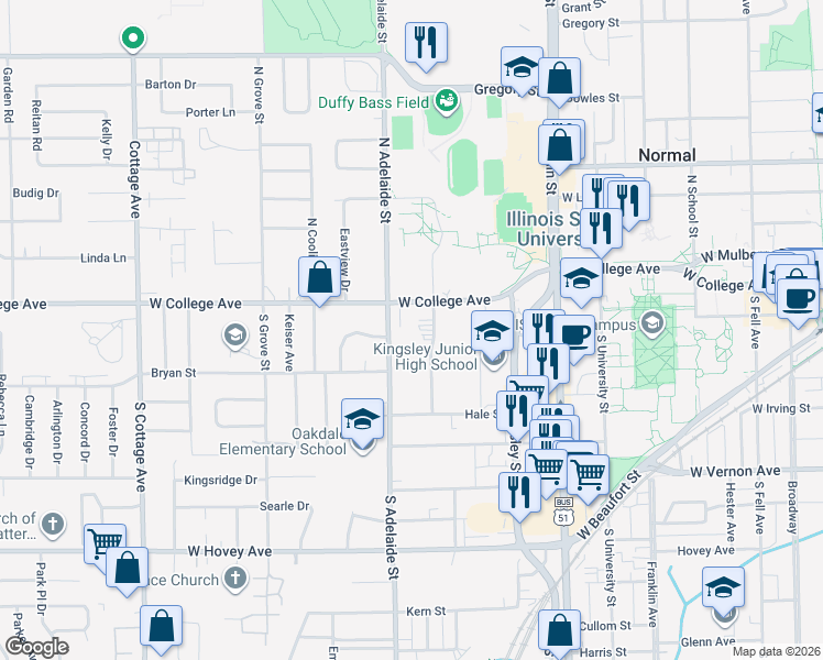 map of restaurants, bars, coffee shops, grocery stores, and more near 108 Carmae Street in Normal
