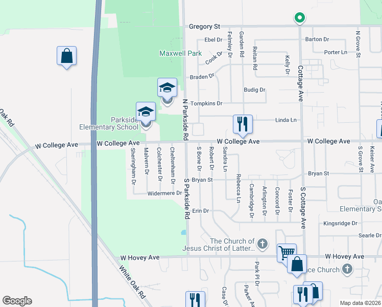 map of restaurants, bars, coffee shops, grocery stores, and more near 104 South Parkside Road in Normal