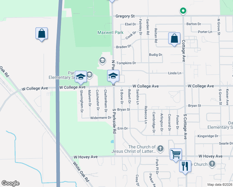 map of restaurants, bars, coffee shops, grocery stores, and more near 104 South Parkside Road in Normal