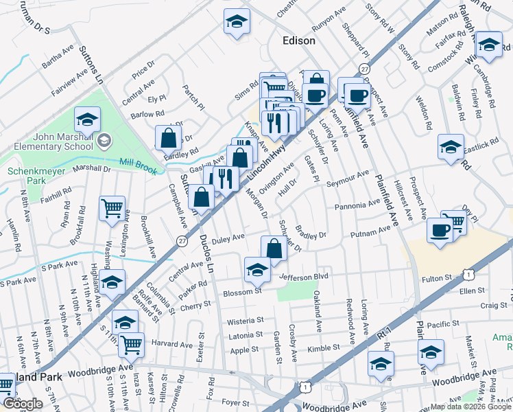 map of restaurants, bars, coffee shops, grocery stores, and more near 16 Morgan Drive in Edison