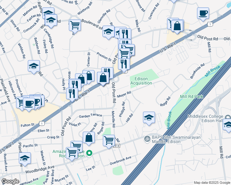 map of restaurants, bars, coffee shops, grocery stores, and more near 3 Marie Lane in Edison