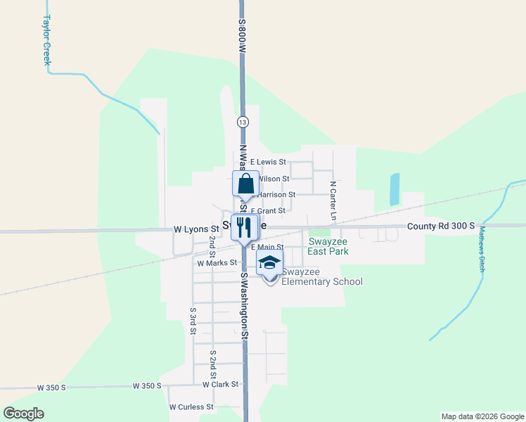 map of restaurants, bars, coffee shops, grocery stores, and more near 200 East Grant Street in Swayzee