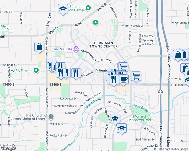 map of restaurants, bars, coffee shops, grocery stores, and more near 5287 Solafax Lane in Herriman