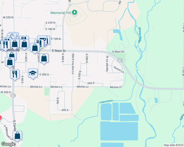 map of restaurants, bars, coffee shops, grocery stores, and more near 189 South 580 East in Midway