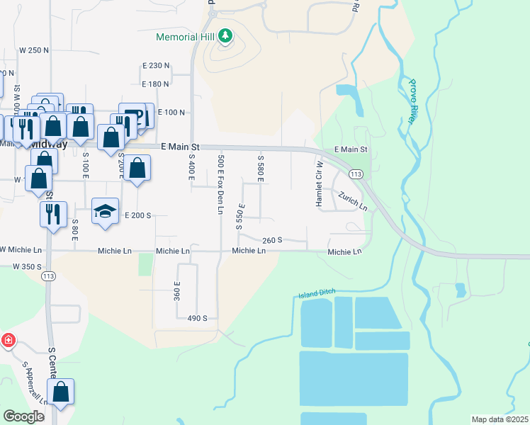 map of restaurants, bars, coffee shops, grocery stores, and more near 189 South 580 East in Midway