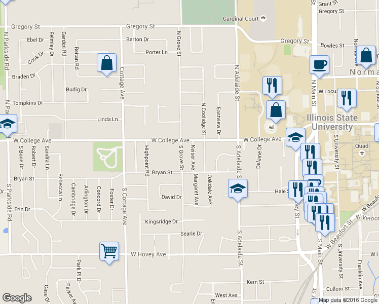 map of restaurants, bars, coffee shops, grocery stores, and more near 205 Keiser Avenue in Normal