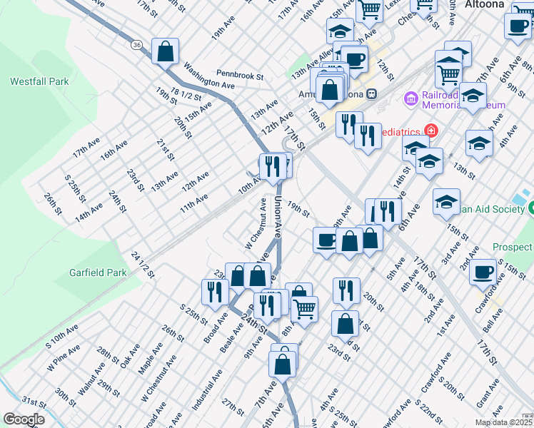 map of restaurants, bars, coffee shops, grocery stores, and more near 1925 West Chestnut Avenue in Altoona