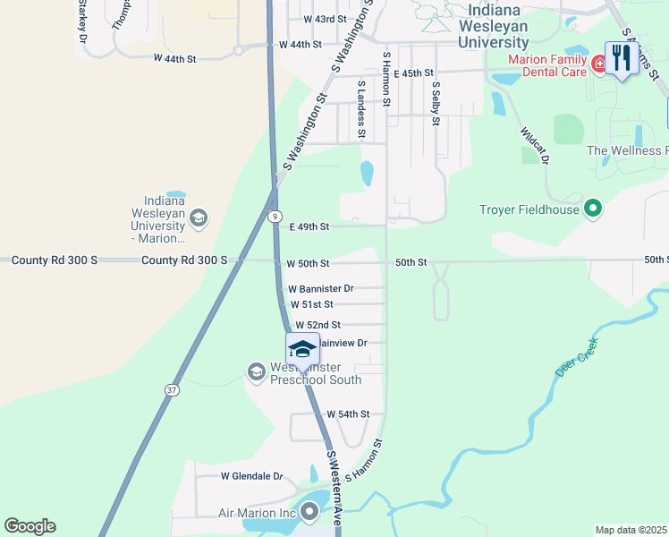 map of restaurants, bars, coffee shops, grocery stores, and more near 915 West 50th Street in Marion