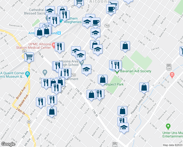 map of restaurants, bars, coffee shops, grocery stores, and more near 1409 4th Avenue in Altoona