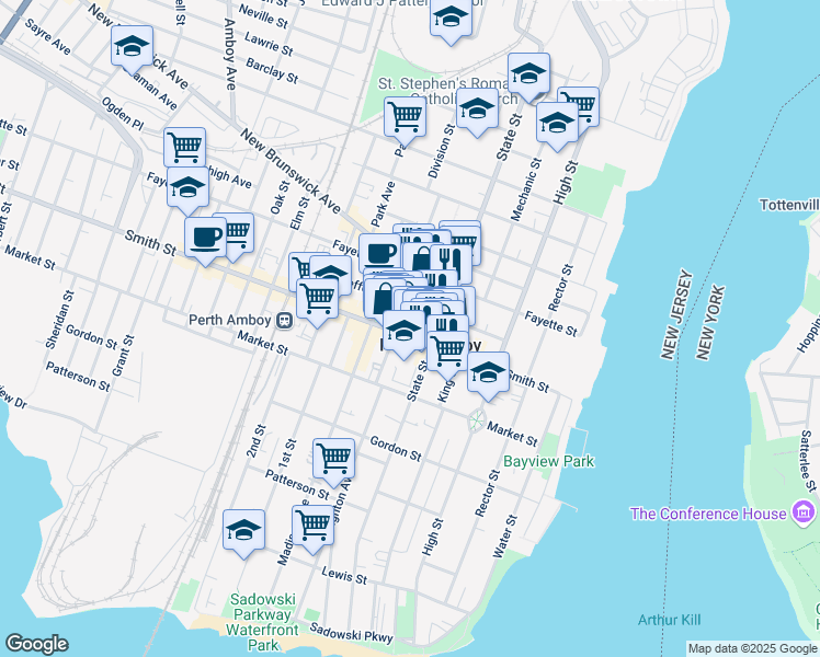 map of restaurants, bars, coffee shops, grocery stores, and more near in Perth Amboy