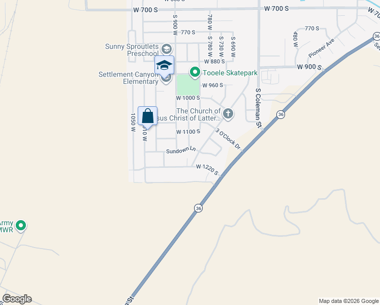 map of restaurants, bars, coffee shops, grocery stores, and more near 1188 Southwest Drive in Tooele