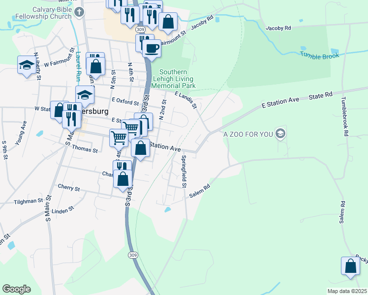 map of restaurants, bars, coffee shops, grocery stores, and more near 93 East Station Avenue in Coopersburg