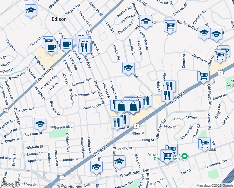 map of restaurants, bars, coffee shops, grocery stores, and more near 21 Prospect Avenue in Edison