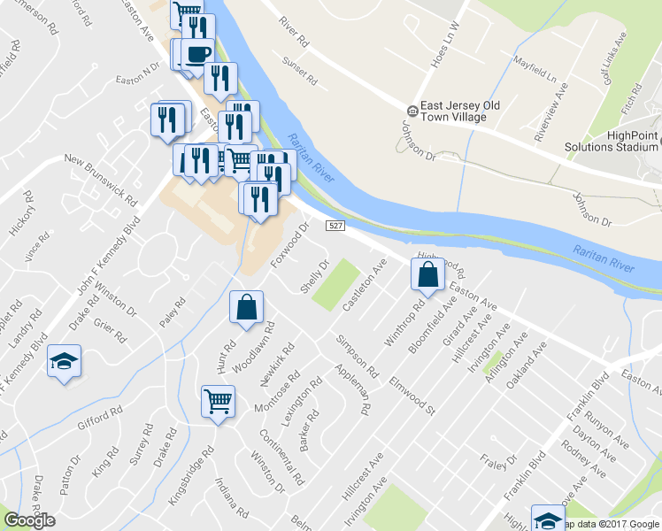 map of restaurants, bars, coffee shops, grocery stores, and more near 19 Shelly Drive in Franklin Township