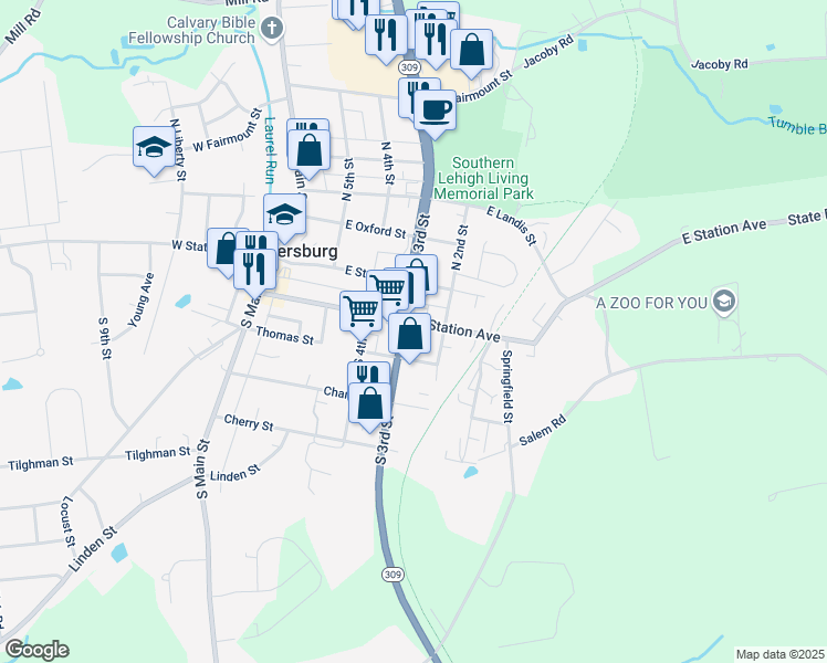 map of restaurants, bars, coffee shops, grocery stores, and more near 101 South 3rd Street in Coopersburg