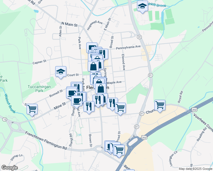 map of restaurants, bars, coffee shops, grocery stores, and more near 29 Spring Street in Flemington