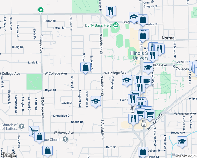 map of restaurants, bars, coffee shops, grocery stores, and more near 6 Wilmette Drive in Normal