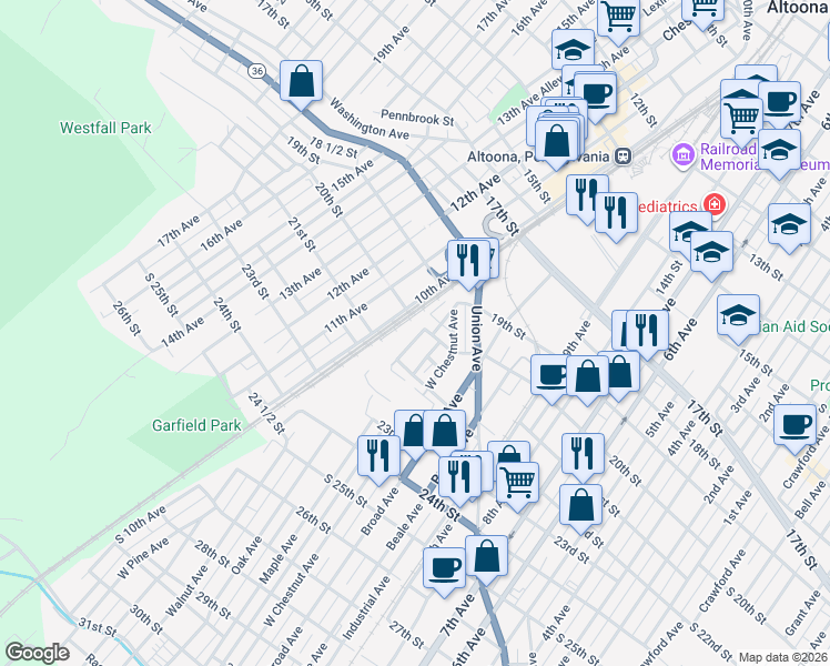 map of restaurants, bars, coffee shops, grocery stores, and more near 2006 Pine Avenue in Altoona