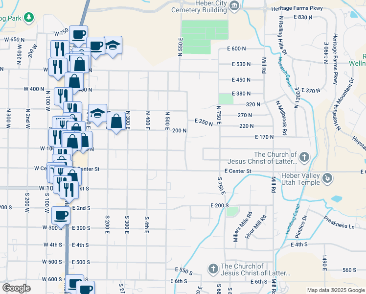 map of restaurants, bars, coffee shops, grocery stores, and more near 595 East 100 North in Heber City