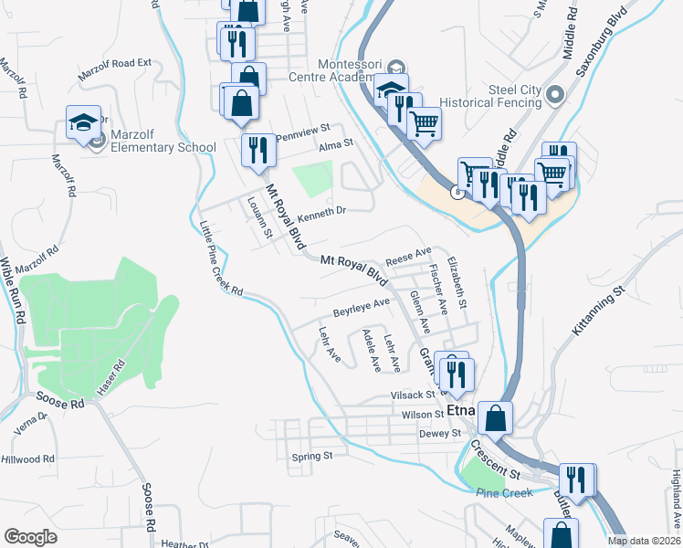 map of restaurants, bars, coffee shops, grocery stores, and more near 5 Ridge Avenue in Pittsburgh