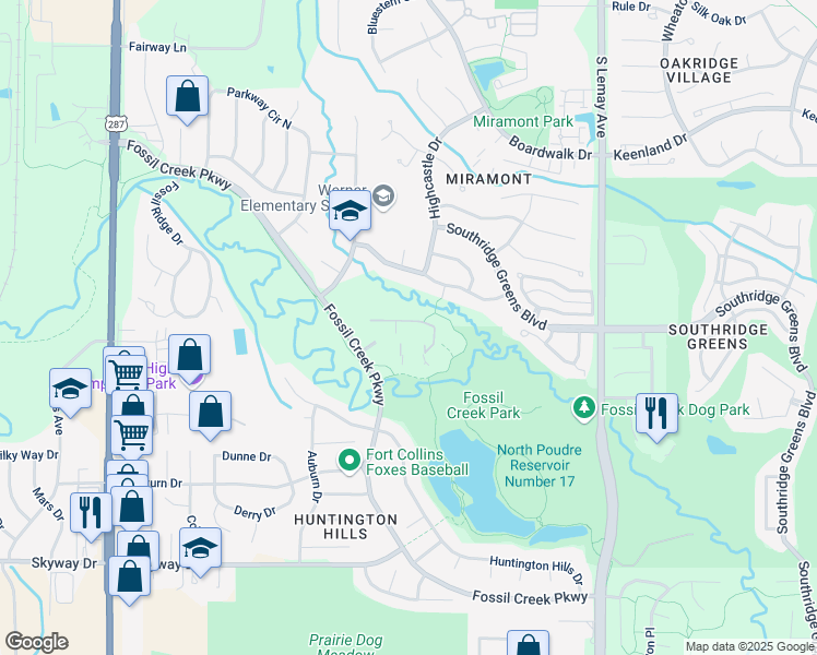 map of restaurants, bars, coffee shops, grocery stores, and more near 5620 Fossil Creek Parkway in Fort Collins