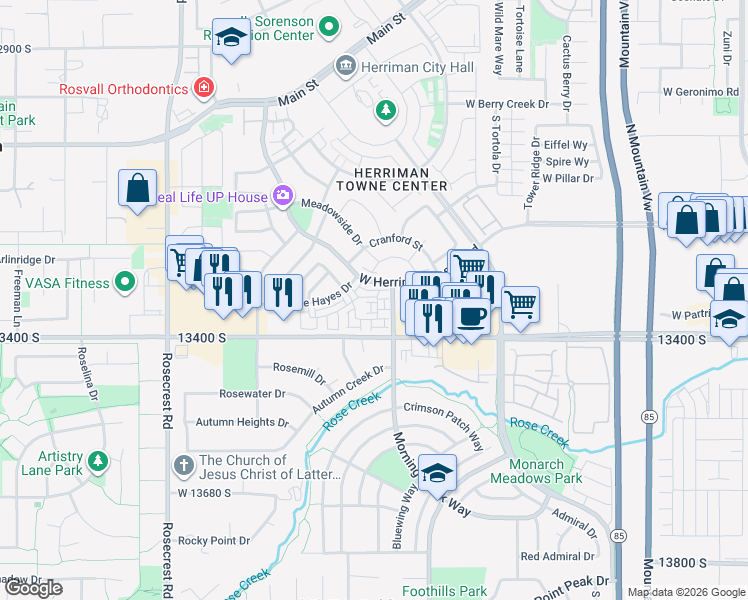 map of restaurants, bars, coffee shops, grocery stores, and more near 13359 Terra Brook Lane in Herriman