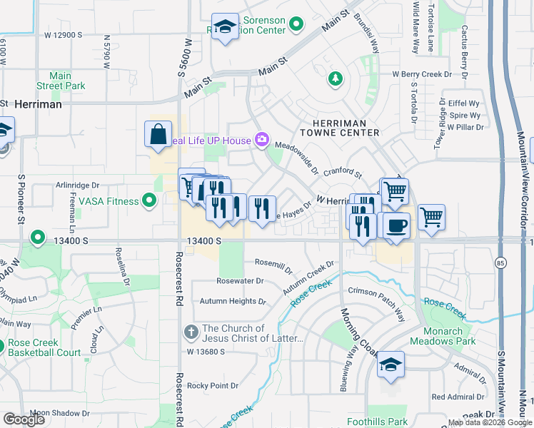map of restaurants, bars, coffee shops, grocery stores, and more near 5354 Sonova Lane in Herriman