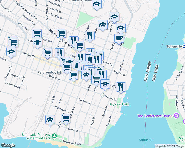 map of restaurants, bars, coffee shops, grocery stores, and more near in Perth Amboy