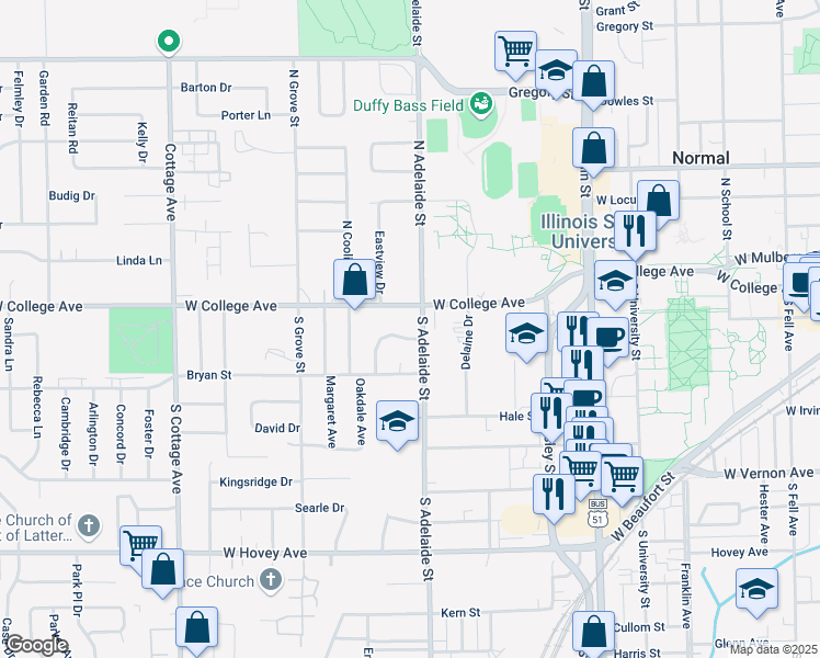 map of restaurants, bars, coffee shops, grocery stores, and more near 6 Wilmette Drive in Normal