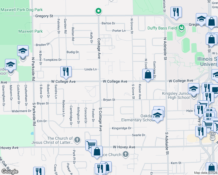 map of restaurants, bars, coffee shops, grocery stores, and more near 106 Nottingham Chase in Normal