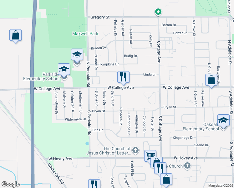 map of restaurants, bars, coffee shops, grocery stores, and more near 1706 Dunray Lane in Normal