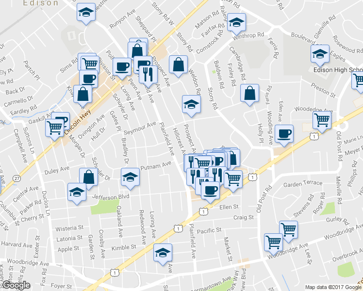 map of restaurants, bars, coffee shops, grocery stores, and more near 14 Hillcrest Avenue in Edison