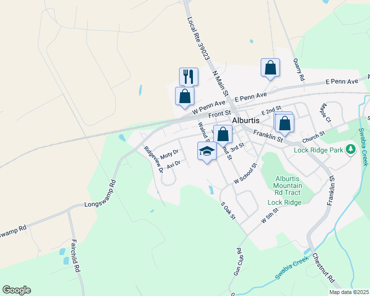 map of restaurants, bars, coffee shops, grocery stores, and more near 223 Flint Hill Road in Alburtis