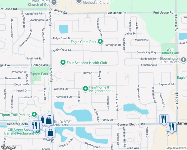 map of restaurants, bars, coffee shops, grocery stores, and more near 2107 Crimson Lane in Bloomington