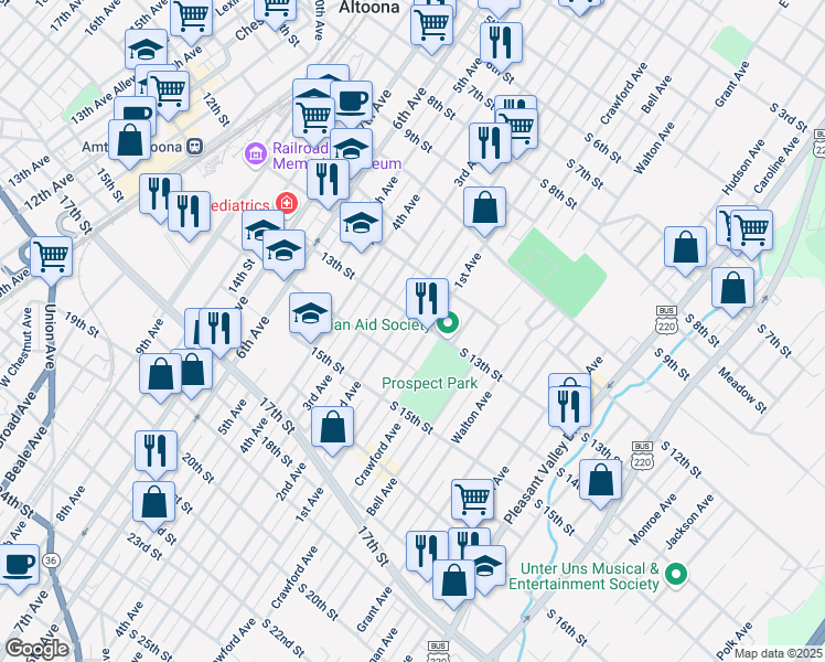 map of restaurants, bars, coffee shops, grocery stores, and more near 1306 1st Avenue in Altoona