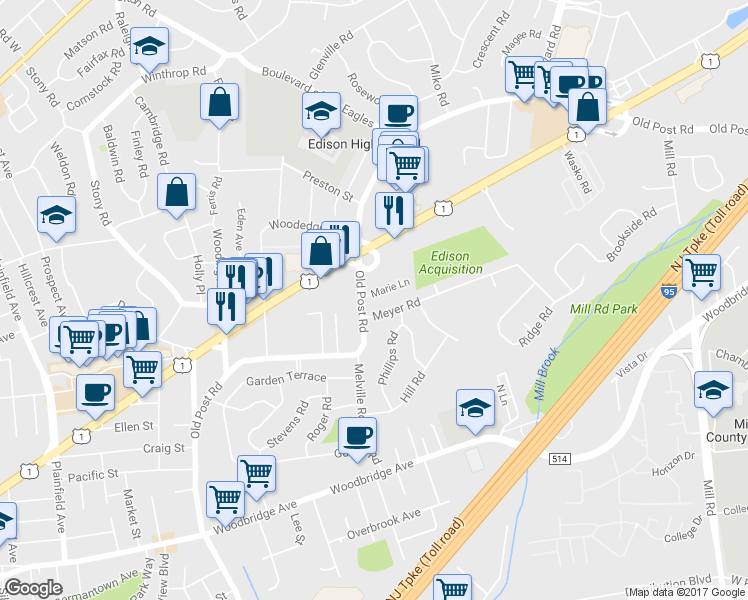 map of restaurants, bars, coffee shops, grocery stores, and more near 3 Marie Lane in Edison