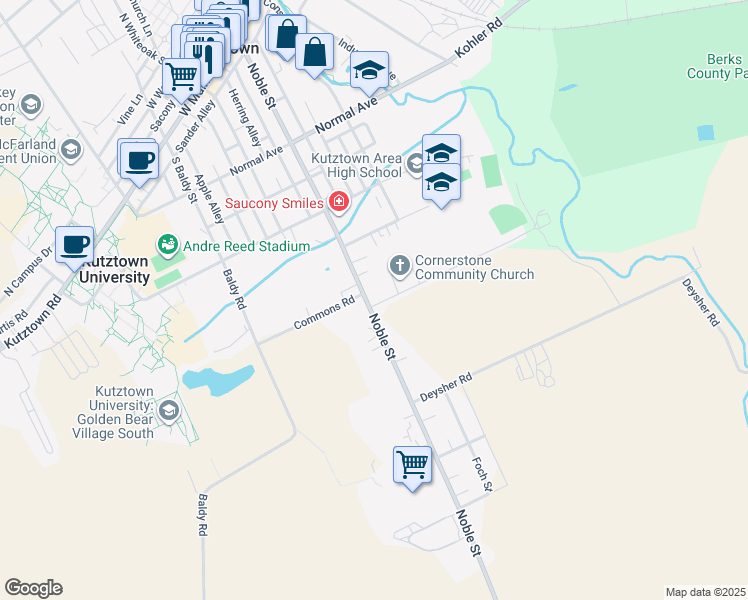 map of restaurants, bars, coffee shops, grocery stores, and more near 165 Koffee Lane in Kutztown