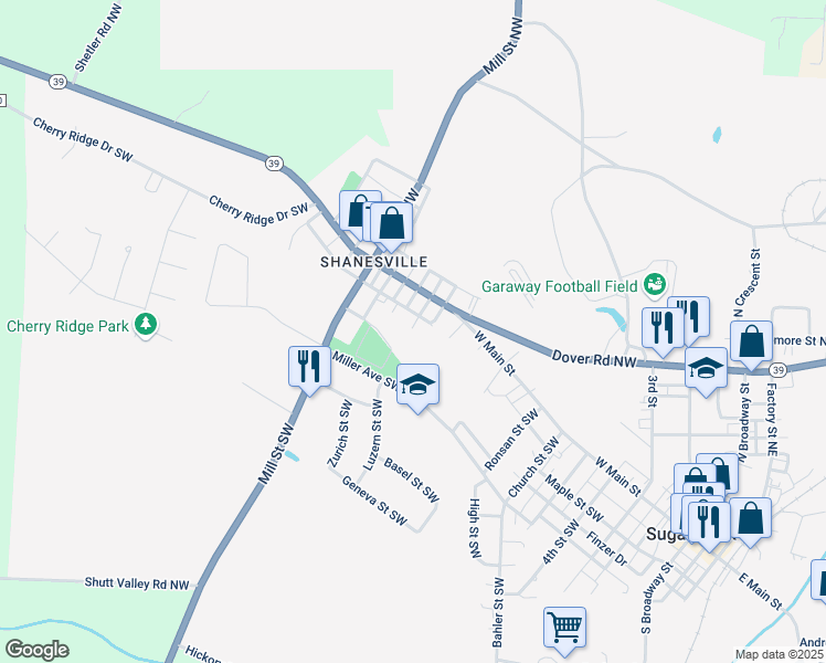 map of restaurants, bars, coffee shops, grocery stores, and more near 924 Shane Dr SW in Sugarcreek