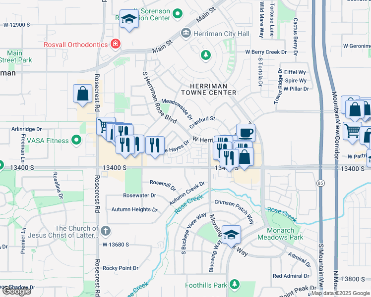 map of restaurants, bars, coffee shops, grocery stores, and more near 13349 Celestina Lane in Herriman