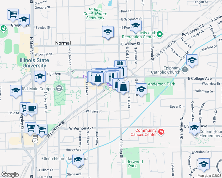 map of restaurants, bars, coffee shops, grocery stores, and more near 101 East Beaufort Street in Normal