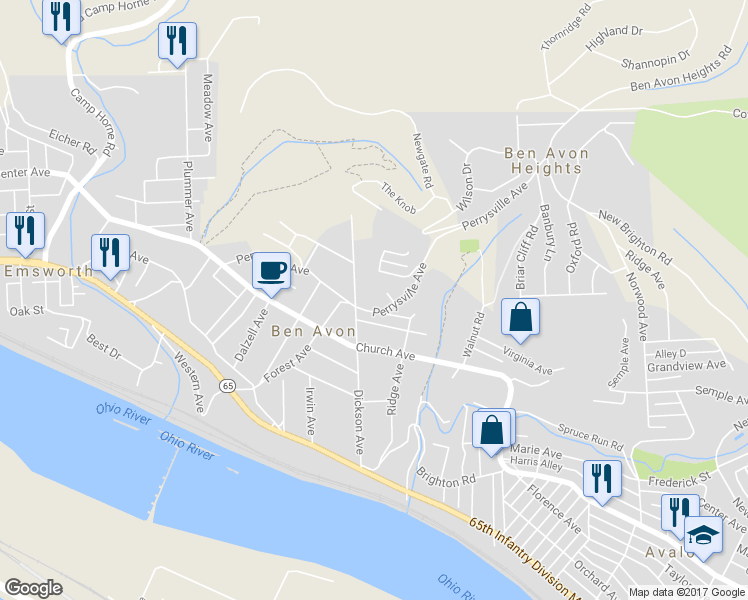 map of restaurants, bars, coffee shops, grocery stores, and more near 6900 Perrysville Avenue in Pittsburgh