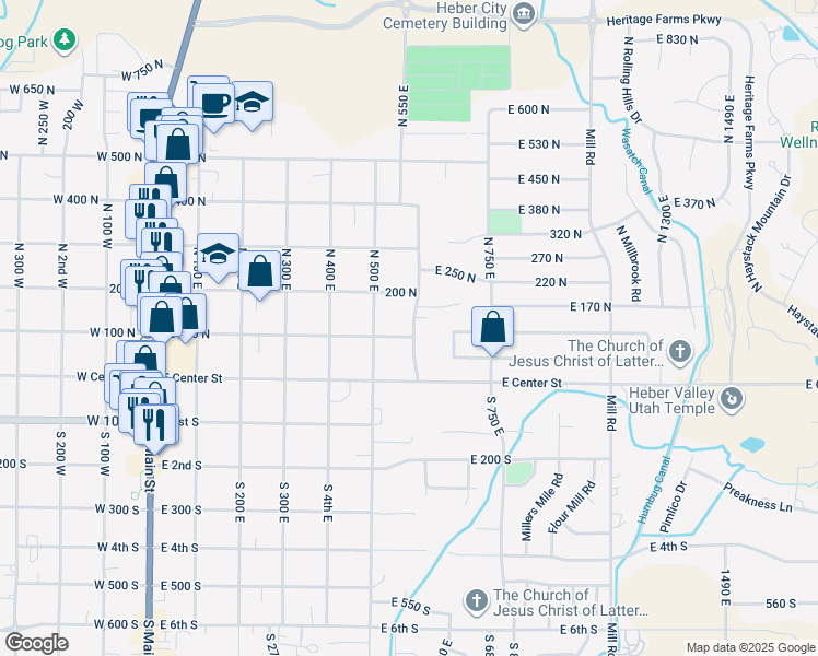 map of restaurants, bars, coffee shops, grocery stores, and more near 595 East 100 North in Heber City
