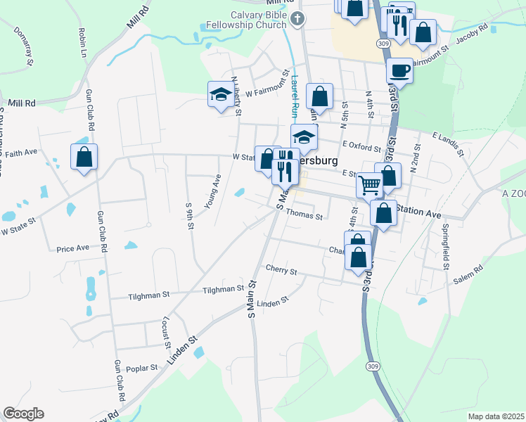 map of restaurants, bars, coffee shops, grocery stores, and more near 222 Locust Street in Coopersburg
