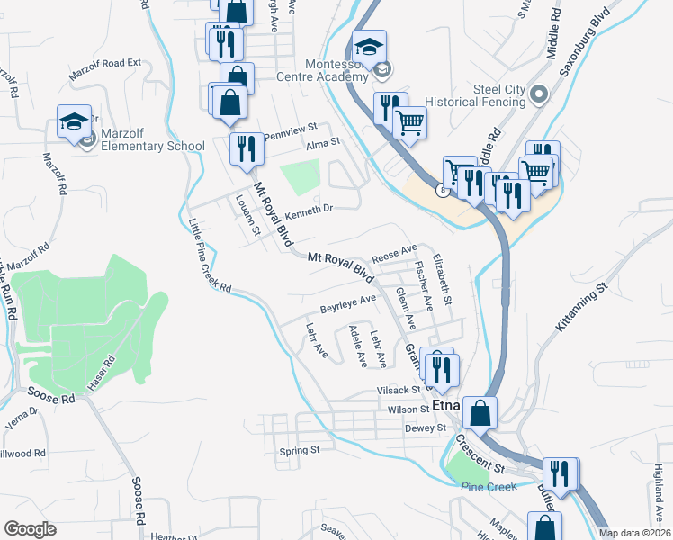 map of restaurants, bars, coffee shops, grocery stores, and more near 5 Ridge Avenue in Pittsburgh