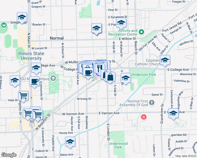 map of restaurants, bars, coffee shops, grocery stores, and more near 101 East Beaufort Street in Normal