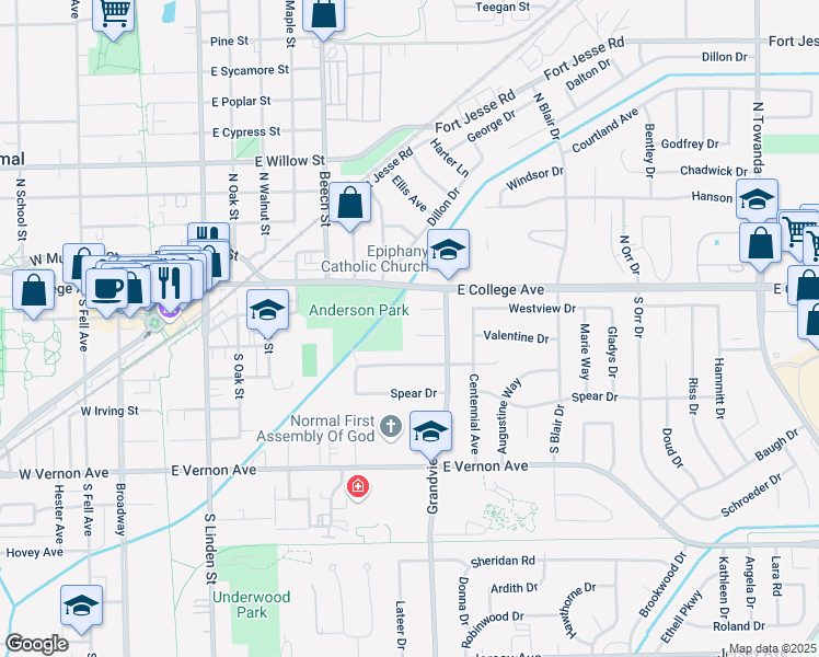 map of restaurants, bars, coffee shops, grocery stores, and more near 902 Hanlin Court in Normal