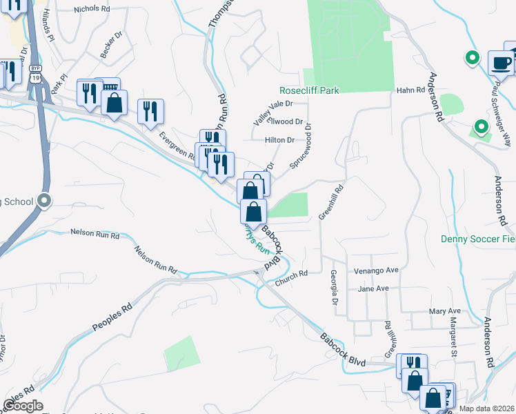 map of restaurants, bars, coffee shops, grocery stores, and more near 2104 Babcock Boulevard in Pittsburgh